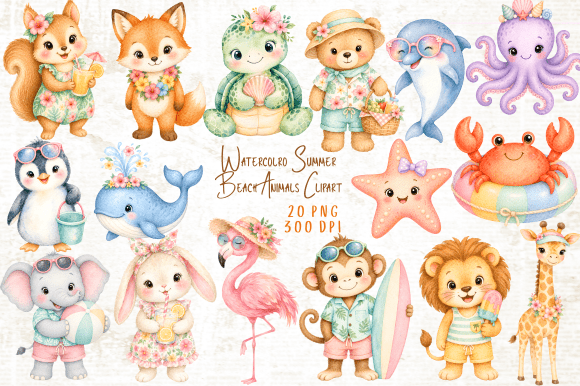 Download Watercolor Summer Beach Animals Clipart - Anima Collection