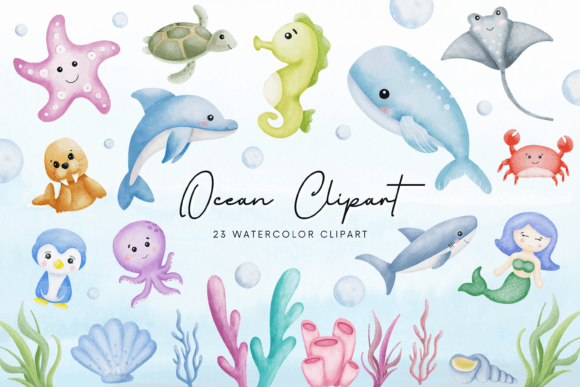 Download Ocean Animals Cute Watercolor Clipart - Anima Collection