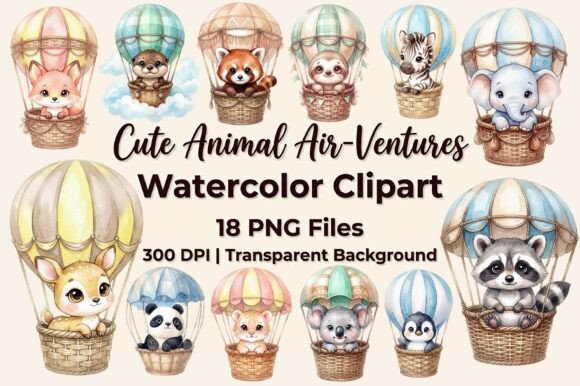 Download Cute Animal Air Balloon Clipart Bundle - Anima Collection