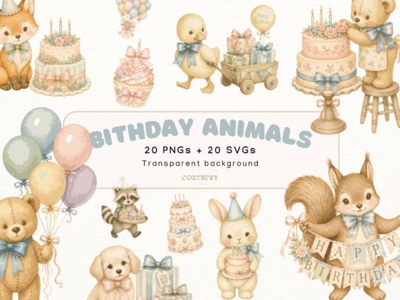 Download Birthday Animals Watercolor Cliparts SVG - Anima Collection
