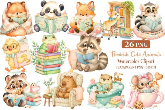 Download Bookish Cute Animals Watercolor Cliparts - Anima Collection