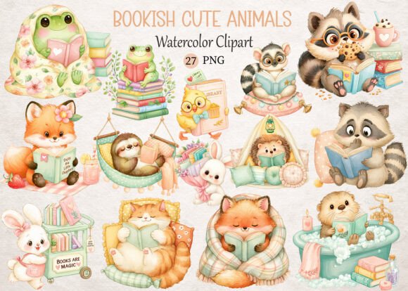 Download Bookish Cute Animals Watercolor Clipart - Anima Collection
