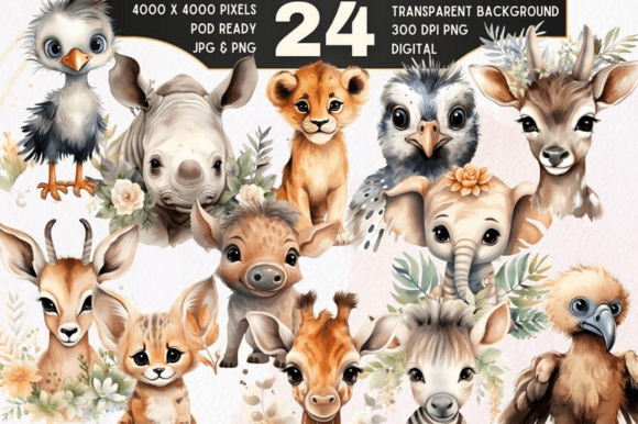 Download 24 Boho Baby Safari Animals Clipart Set - Anima Collection