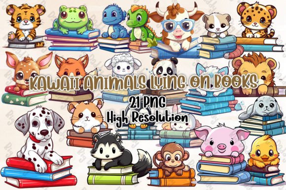 Download Kawaii Animals Lying on Books Clipart - Anima Collection