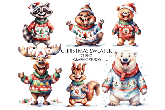 Download Christmas Animal in Sweater Clipart Bund - Anima Collection